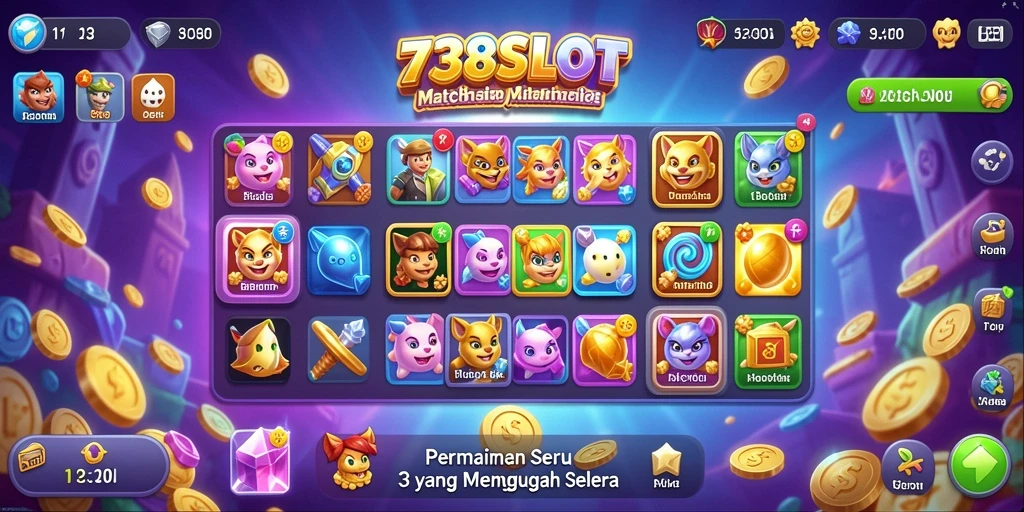 Screenshot gameplay seru dari 738SLOT yang menunjukkan aksi Match-3.