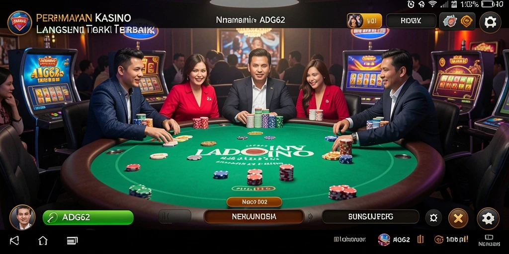 Screenshot gameplay ADG62 menampilkan dealer langsung dan interaksi pemain.