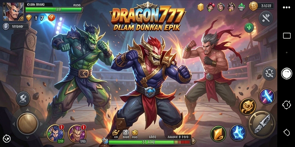 Screenshot DRAGON777 menampilkan pertarungan intens dengan karakter unik.