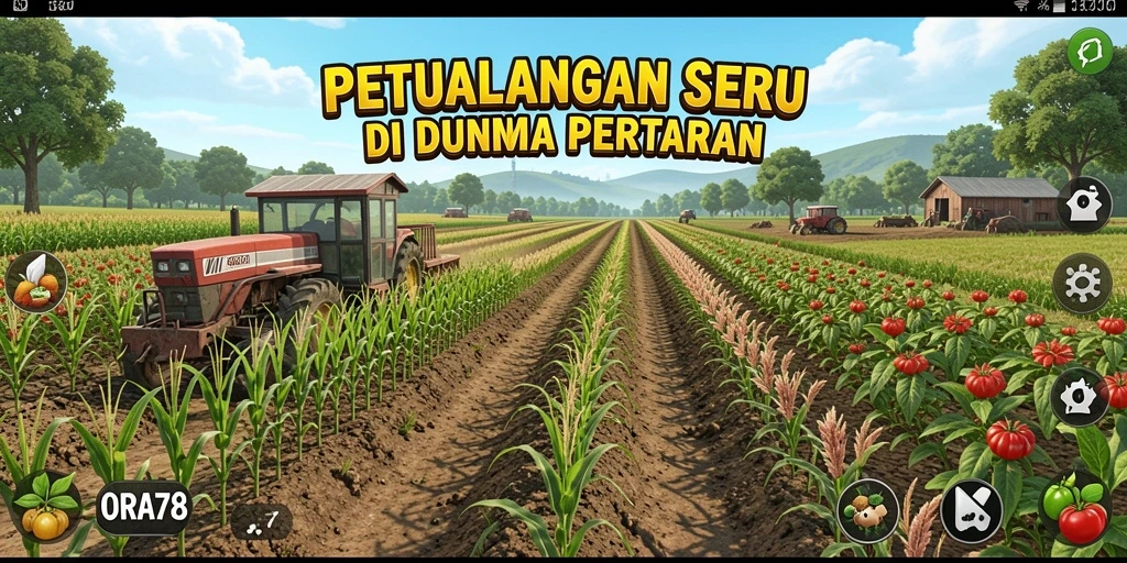 Gameplay ORA78 menampilkan ladang subur dan hewan peliharaan lucu.