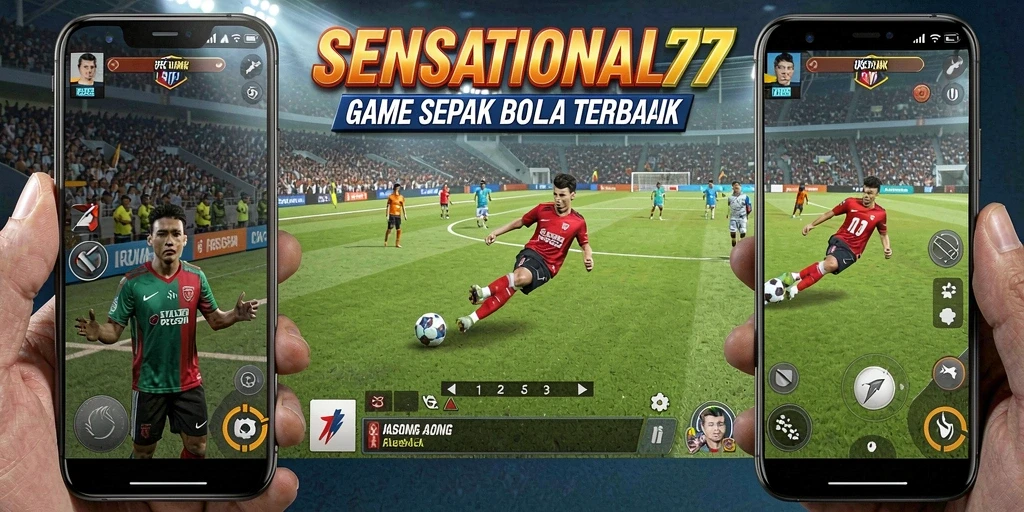 Screenshot gameplay SENSATIONAL77 menampilkan aksi pertandingan sepak bola yang seru.